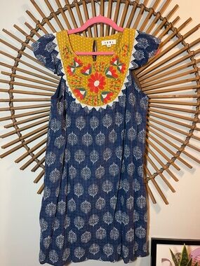 THML Anthro  Block Print Sundress w/ Embroidered Yoke Garden Girl Boho Print Mix